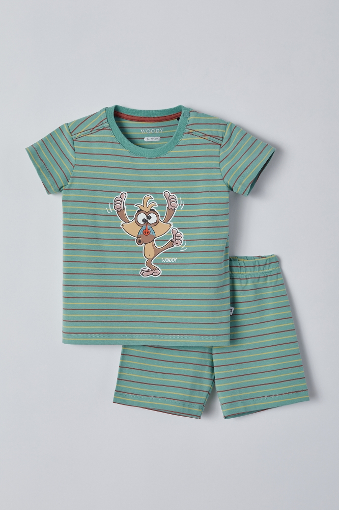Pamuklu Erkek Bebek Pijama-Pza - 978-Mandril Temalı Çizgili Yeşil