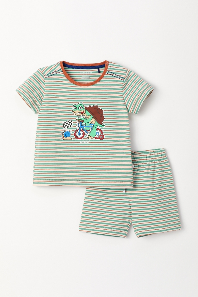 Pamuklu Erkek Bebek Pijama-Pza - 914-Kaplumbağa Temalı Çizgili Turuncu