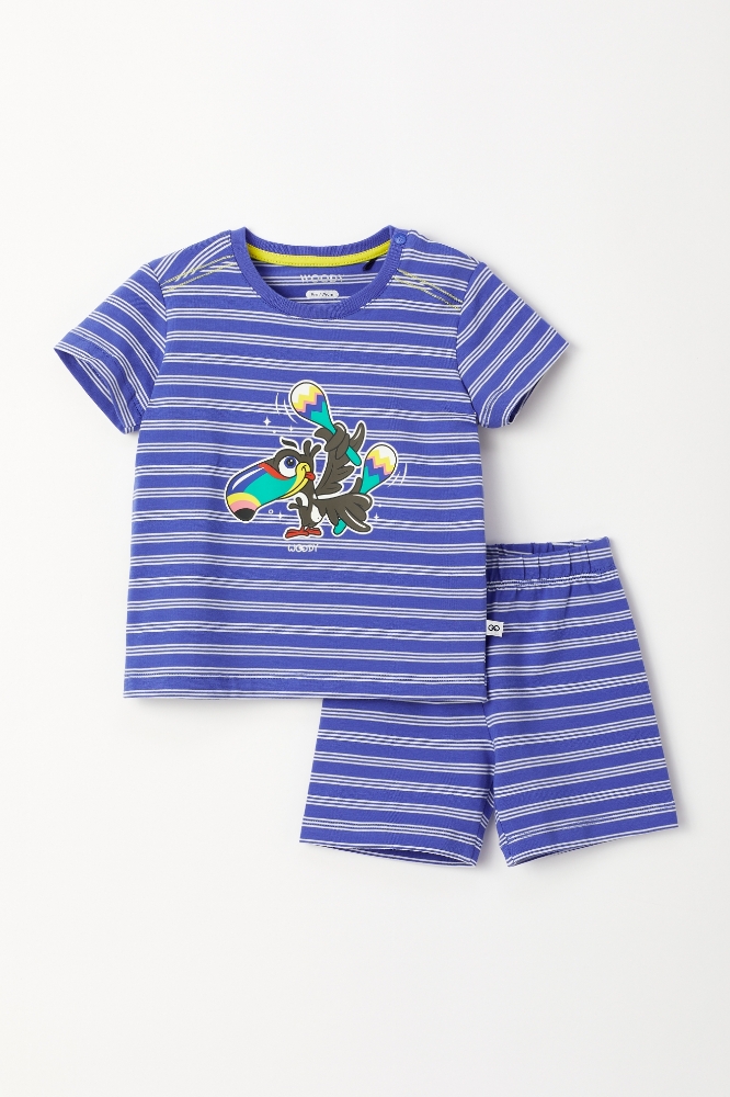 Pamuklu Erkek Bebek Pijama-Pza - 915-Tukan Temalı Çizgili Ekru