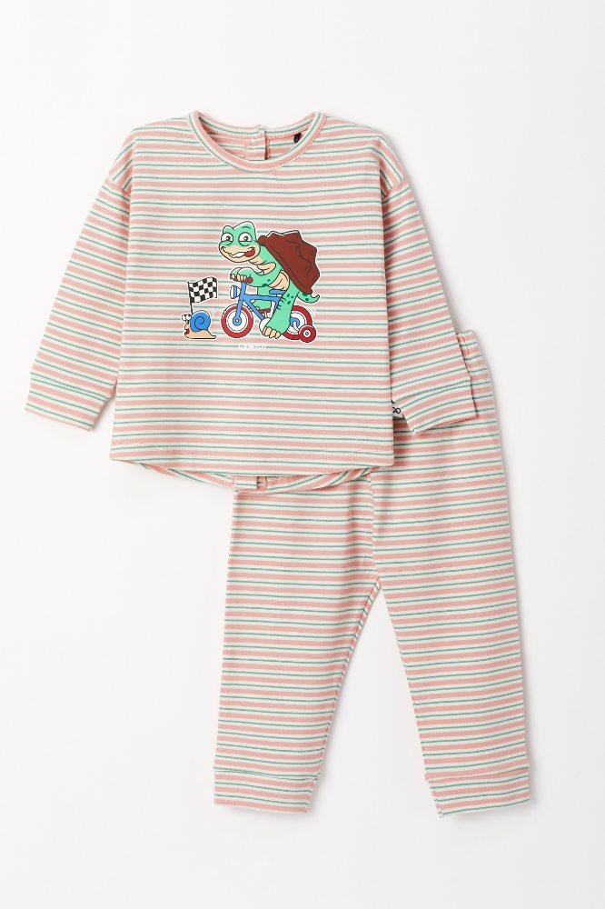 Pamuklu Kız Bebek Pijama-Pzb - 917-Kaplumbağa Temalı Çizgili Pembe