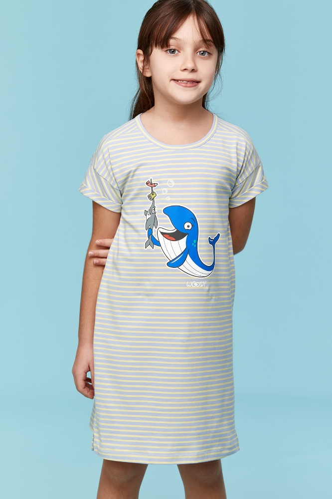 2-8 Kız Çocuk Gecelik-Dza - 916-Balina Temalı Çizgili Mavi