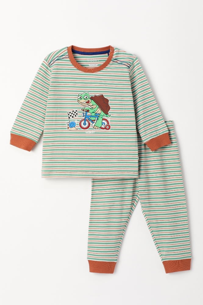 Pamuklu Erkek Bebek Pijama-Plc - 914-Kaplumbağa Temalı Çizgili Turuncu