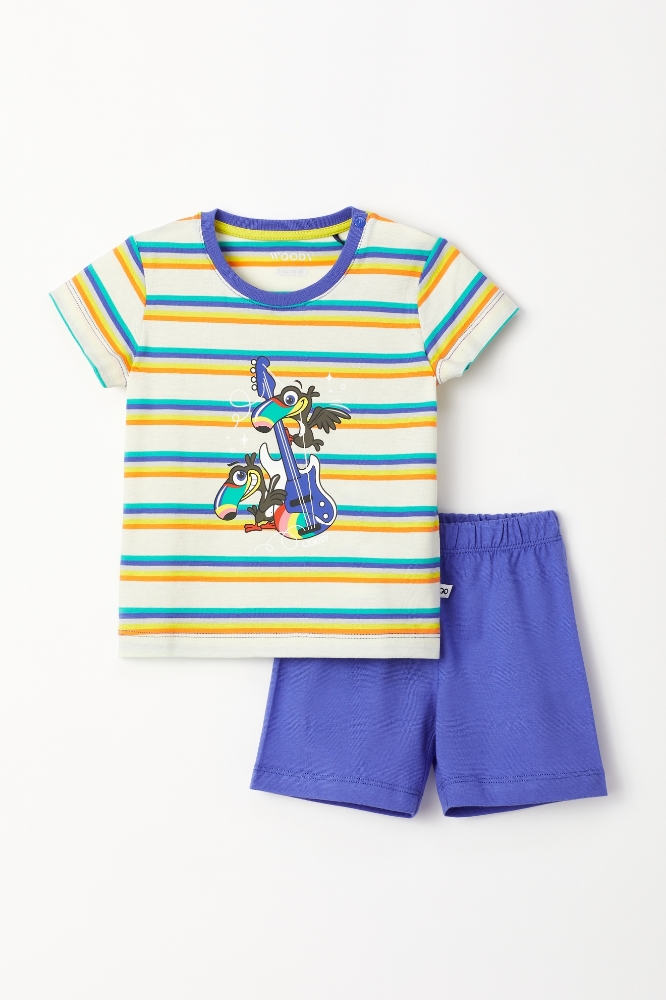 Pamuklu Erkek Bebek Pijama-Pss - 908-Tukan Temalı Çizgili Mavi