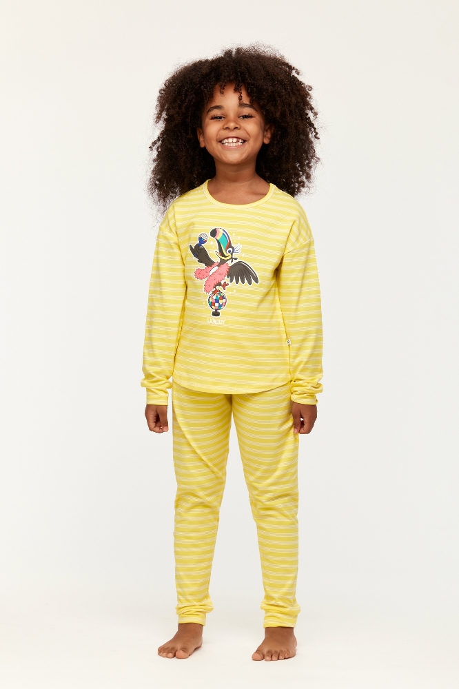 2-8 Yaş Kız Çocuk Pijama-Pzb - 918-Tukan Temalı Çizgili Sarı