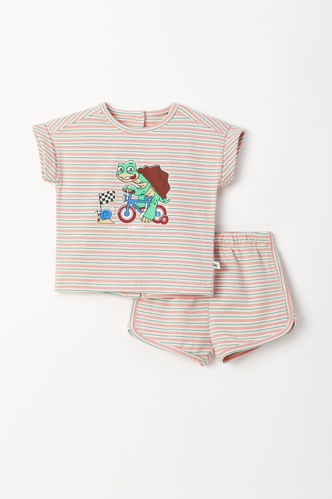 Pamuklu Kız Bebek Pijama-Pzg - 917-Kaplumbağa Temalı Çizgili Pembe