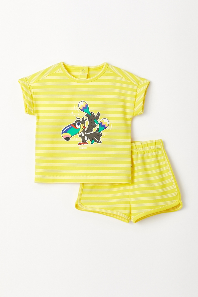 Pamuklu Kız Bebek Pijama-Pzg - 918-Tukan Temalı Çizgili Sarı
