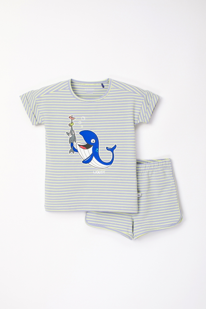 10-16 Yaş Kız Çocuk Pijama-Pzg - 916-Balina Temalı Çizgili Mavi