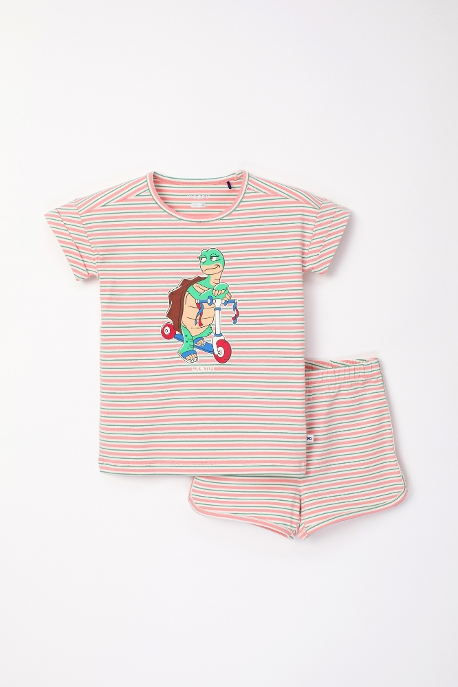 10-16 Yaş Kız Çocuk Pijama-Pzg - 917-Kaplumbağa Temalı Çizgili Pembe