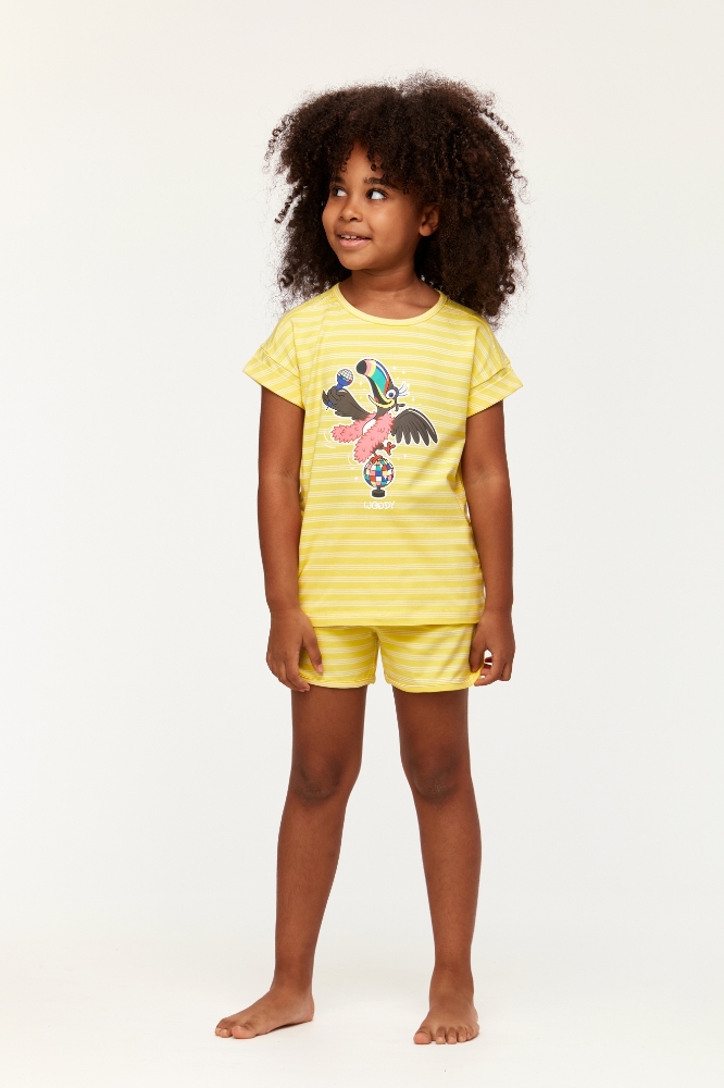 10-16 Yaş Kız Çocuk Pijama-Pzg - 918-Tukan Temalı Çizgili Sarı