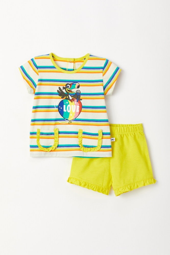 Pamuklu Kız Bebek Pijama-Psg - 908-Tukan Temalı Çizgili Mavi