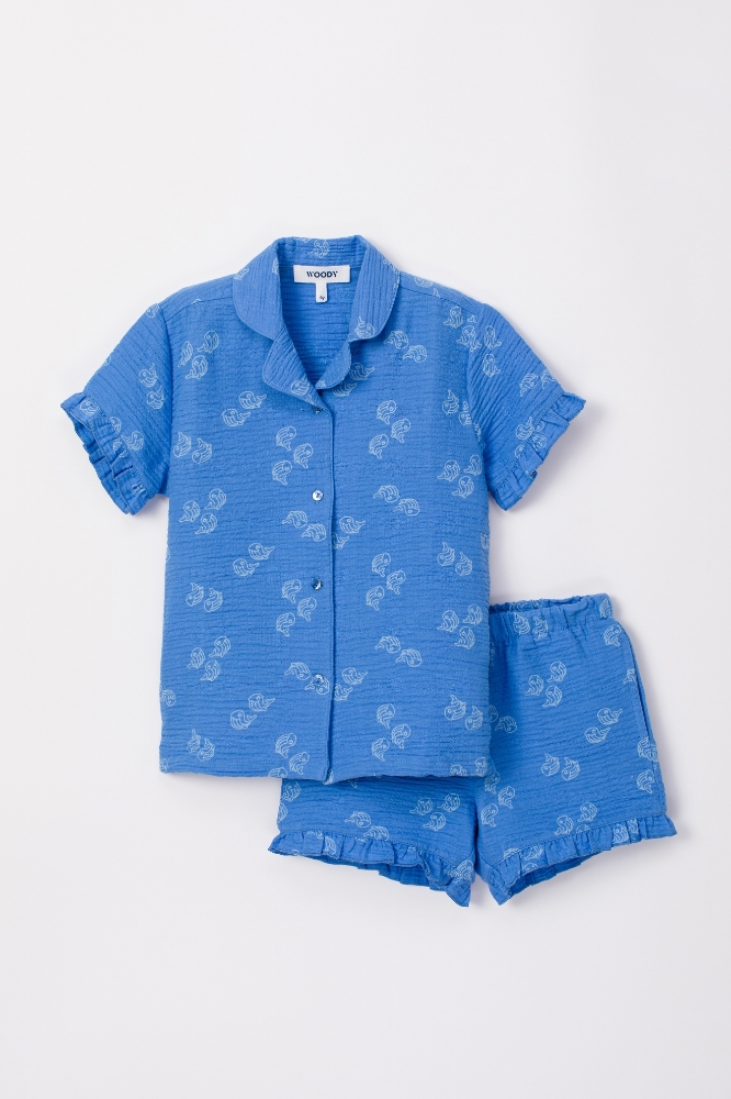 2-8 Yaş Kız Çocuk Pijama-Wpj - 938-Balina Baskılı Mavi