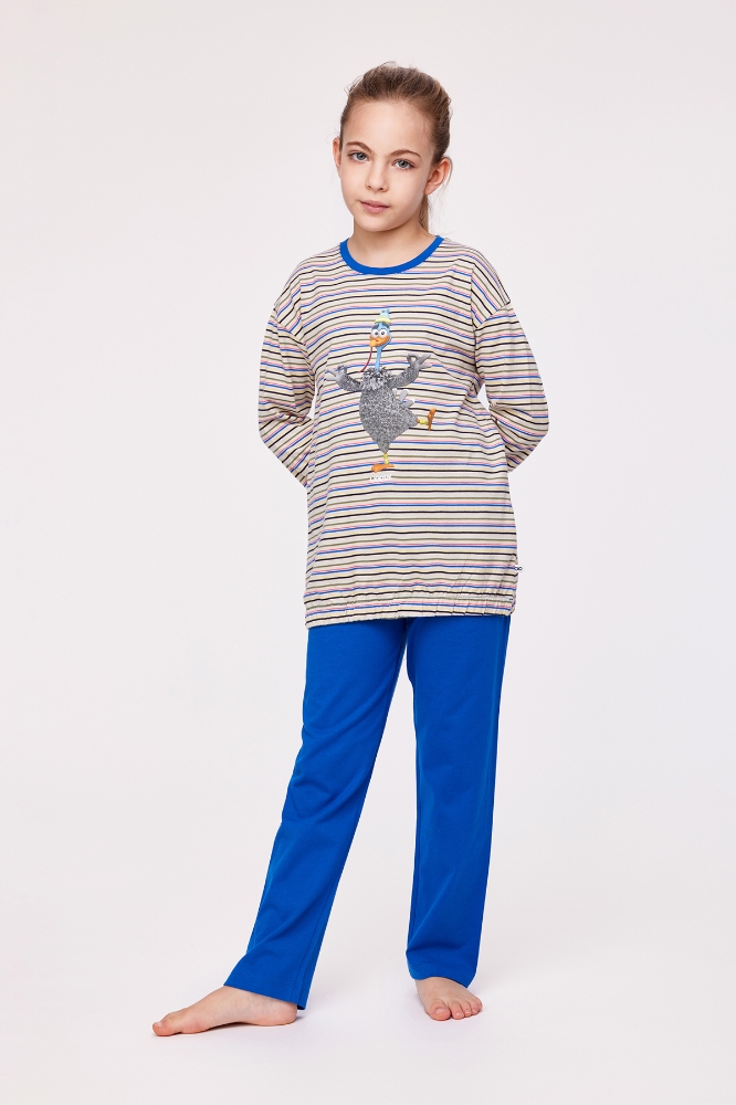 10-16 Yaş Kız Çocuk Pijama-Bsl - 908-Hindi Temalı Çizgili Mavi