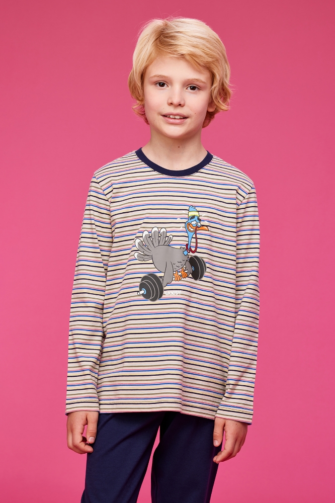 2-8 Yaş Erkek Çocuk Pijama-Pls - 908-Hindi Temalı Çizgili Mavi
