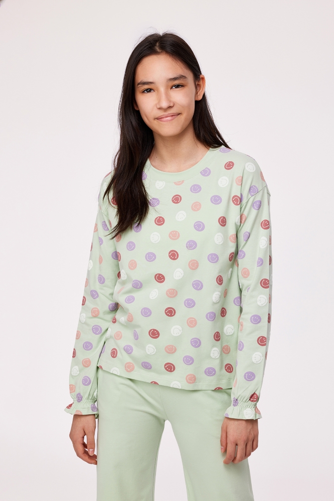 10-16 Yaş Kız Çocuk Pijama-Ypa - 955-Smiley Baskılı Turkuaz