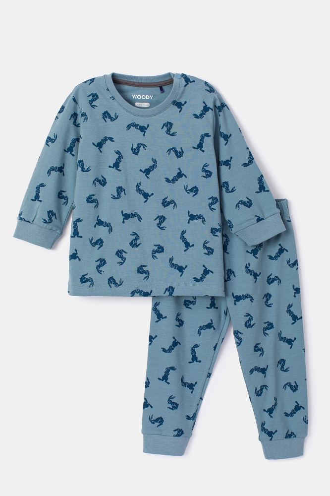 Pamuklu Erkek Bebek Pijama-Pzl - 911-Hare Baskılı Mavi