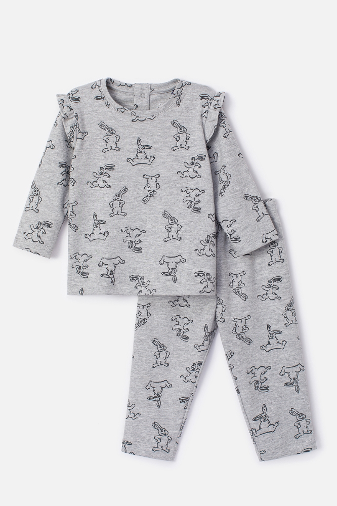 Pamuklu Kız Bebek Pijama-Pzq - 932-Hare Baskılı Gri Melanj