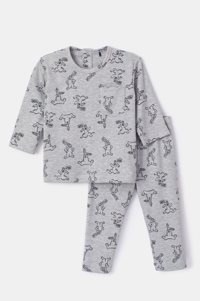 Pamuklu Erkek Bebek Pijama-Plq - 932-Hare Baskılı Gri Melanj