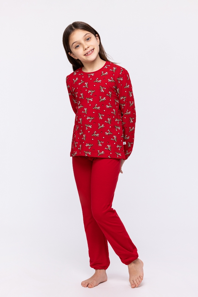 10-16 Yaş Kız Çocuk Pijama-Cpb - 988-Geyik Baskılı Kırmızı