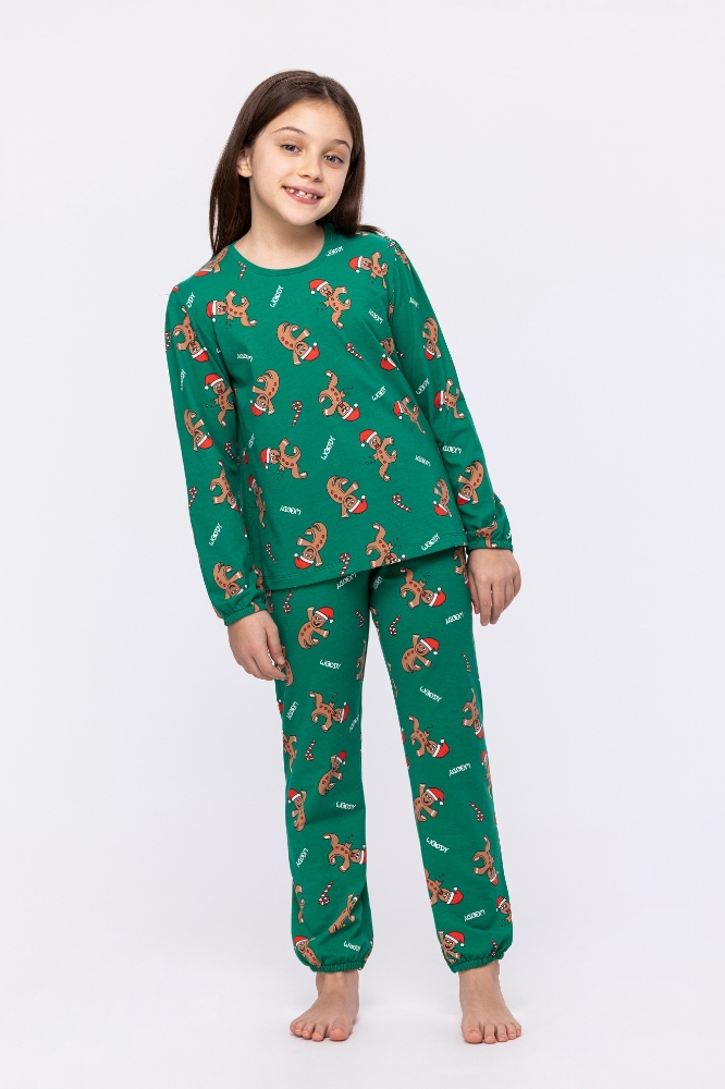 10-16 Yaş Kız Çocuk Pijama-Cpb - 971-Yılbaşı Temalı Kurabiye Baskılı Yeşil