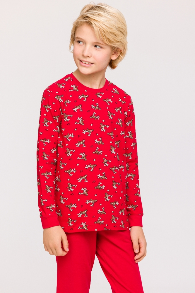 10-16 Yaş Erkek Çocuk Pijama-Cpa - 988-Geyik Baskılı Kırmızı