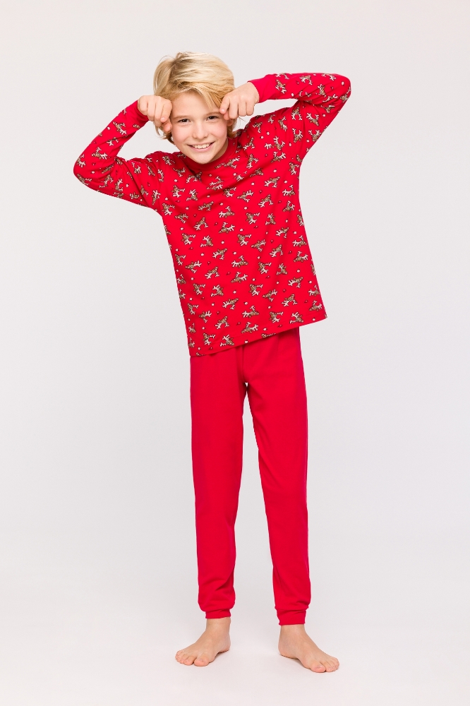 10-16 Yaş Erkek Çocuk Pijama-Cpa - 988-Geyik Baskılı Kırmızı