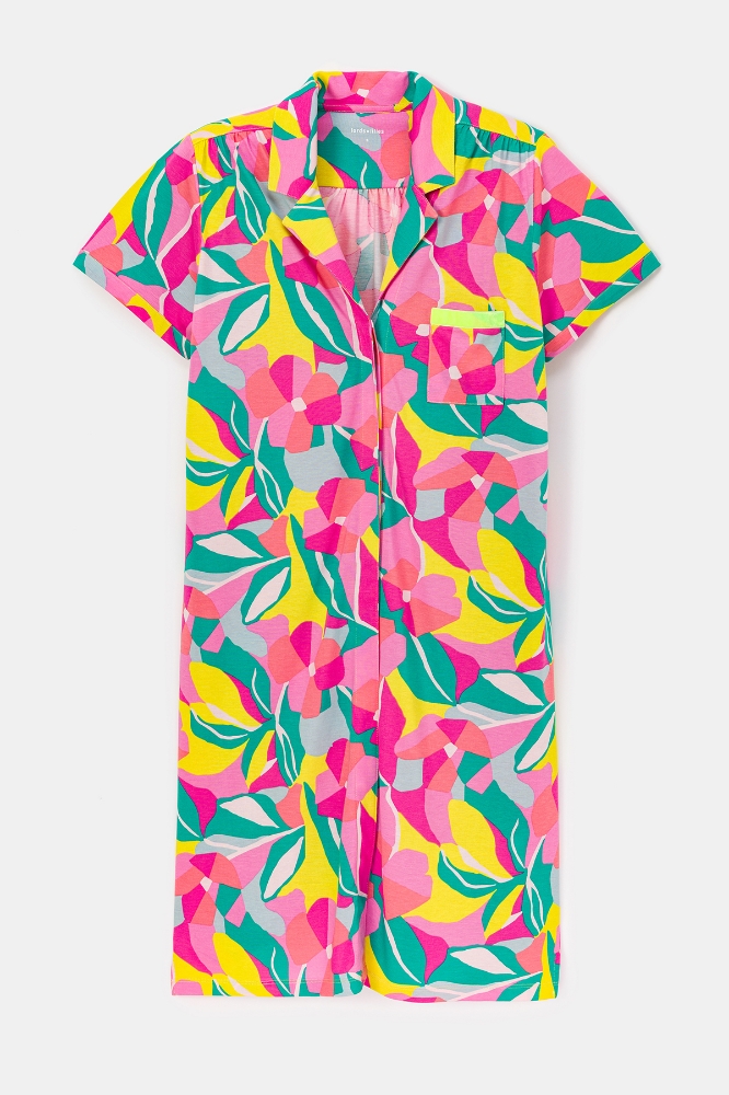 Boydan Düğmeli Yakalı Elbise-Xdh - 980-Renkli Çiçek Desenli