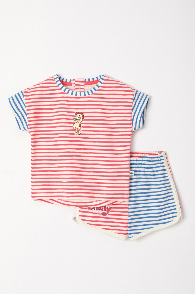 Pamuklu Kız Bebek Pijama-Pzg - 922-Deniz Atı Temalı Çizgili Pembe