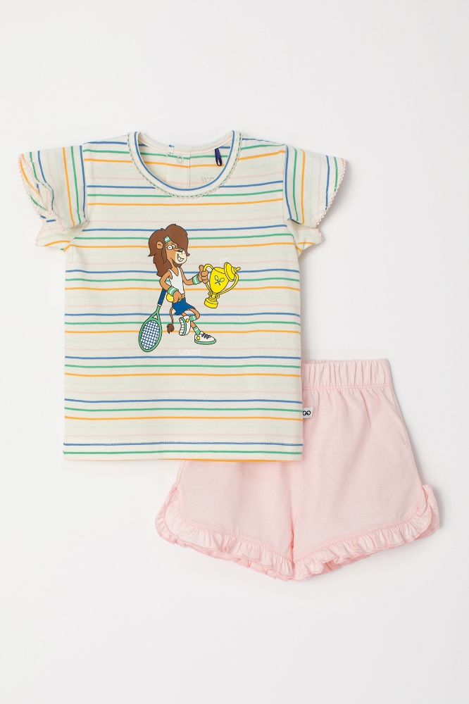 Pamuklu Kız Bebek Pijama-Psg - 910-Aslan Temalı Çizgili Ekru