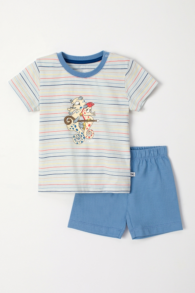 Pamuklu Erkek Bebek Pijama-Pss - 920-Deniz Atı Temalı Çizgili Mavi