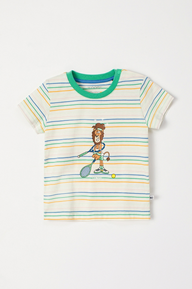 Pamuklu Erkek Bebek Pijama-Pss - 910-Aslan Temalı Çizgili Ekru