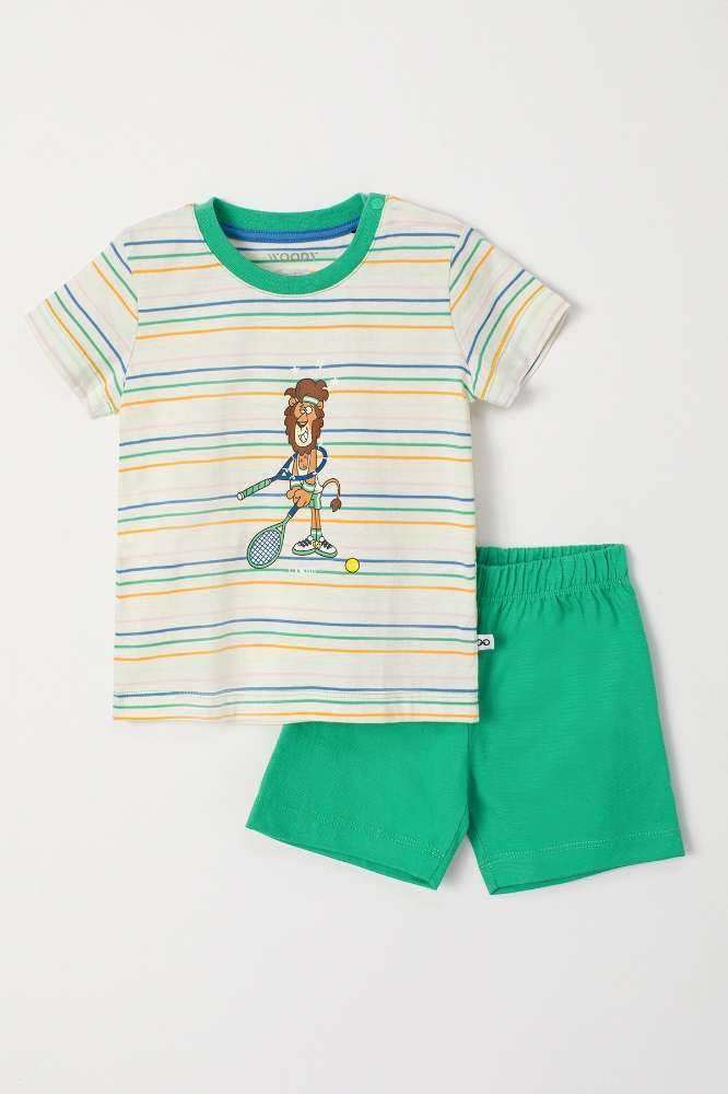 Pamuklu Erkek Bebek Pijama-Pss - 910-Aslan Temalı Çizgili Ekru