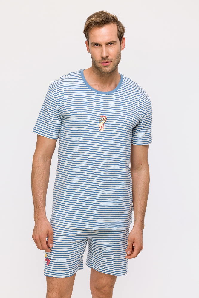 Erkek Pijama-Pza - 921-Deniz Atı Temalı Çizgili Mavi