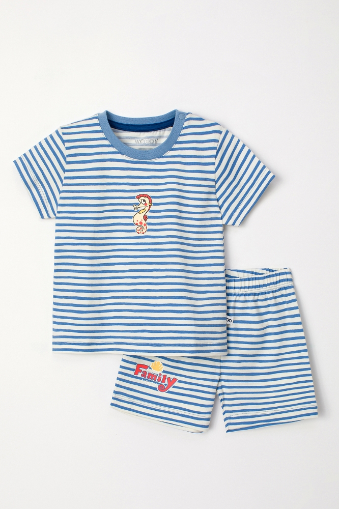 Pamuklu Erkek Bebek Pijama-Pza - 921-Deniz Atı Temalı Çizgili Mavi