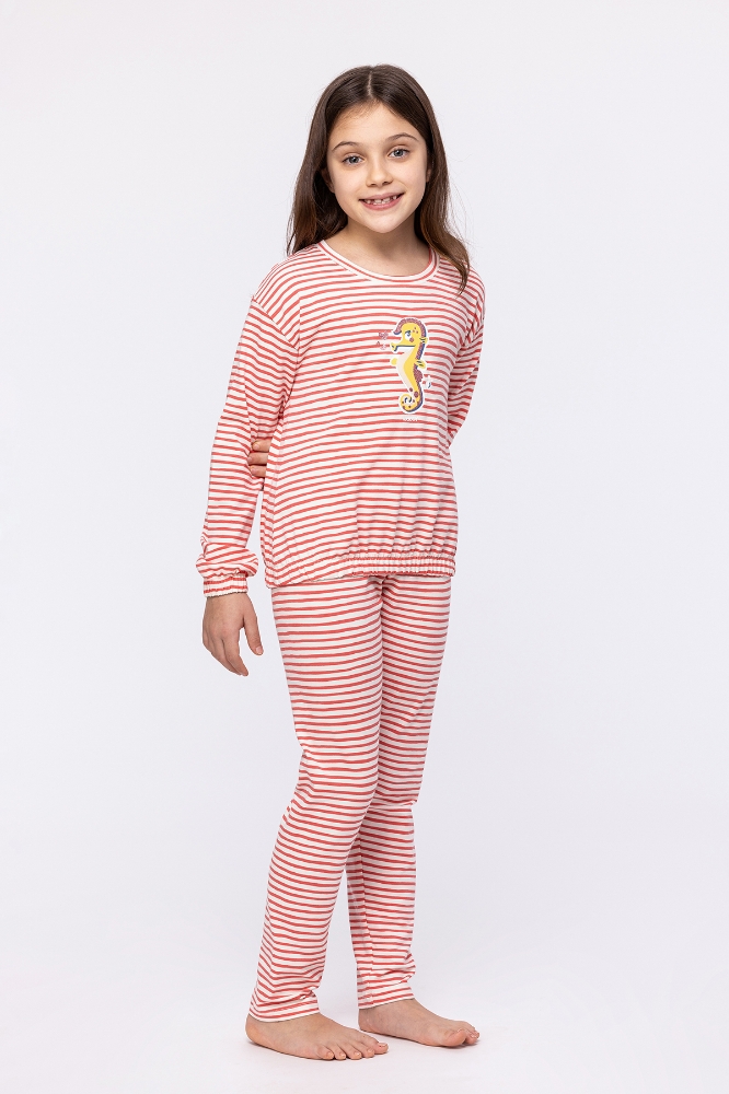 2-8 Yaş Kız Çocuk Pijama-Pzb - 922-Denizatı Temalı Çizgili Pembe